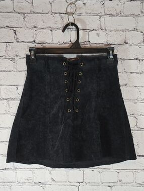 One Way Black Corduroy Lace-Up A-Line Mini Skirt Size 8